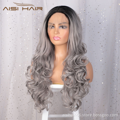 Aisi Hair Cosplay Synthetic Ombre Gray Dark Root Wig Long Wavy Swiss Lace Wig Body Wave Lace Frontal Hair Wigs For Black Women